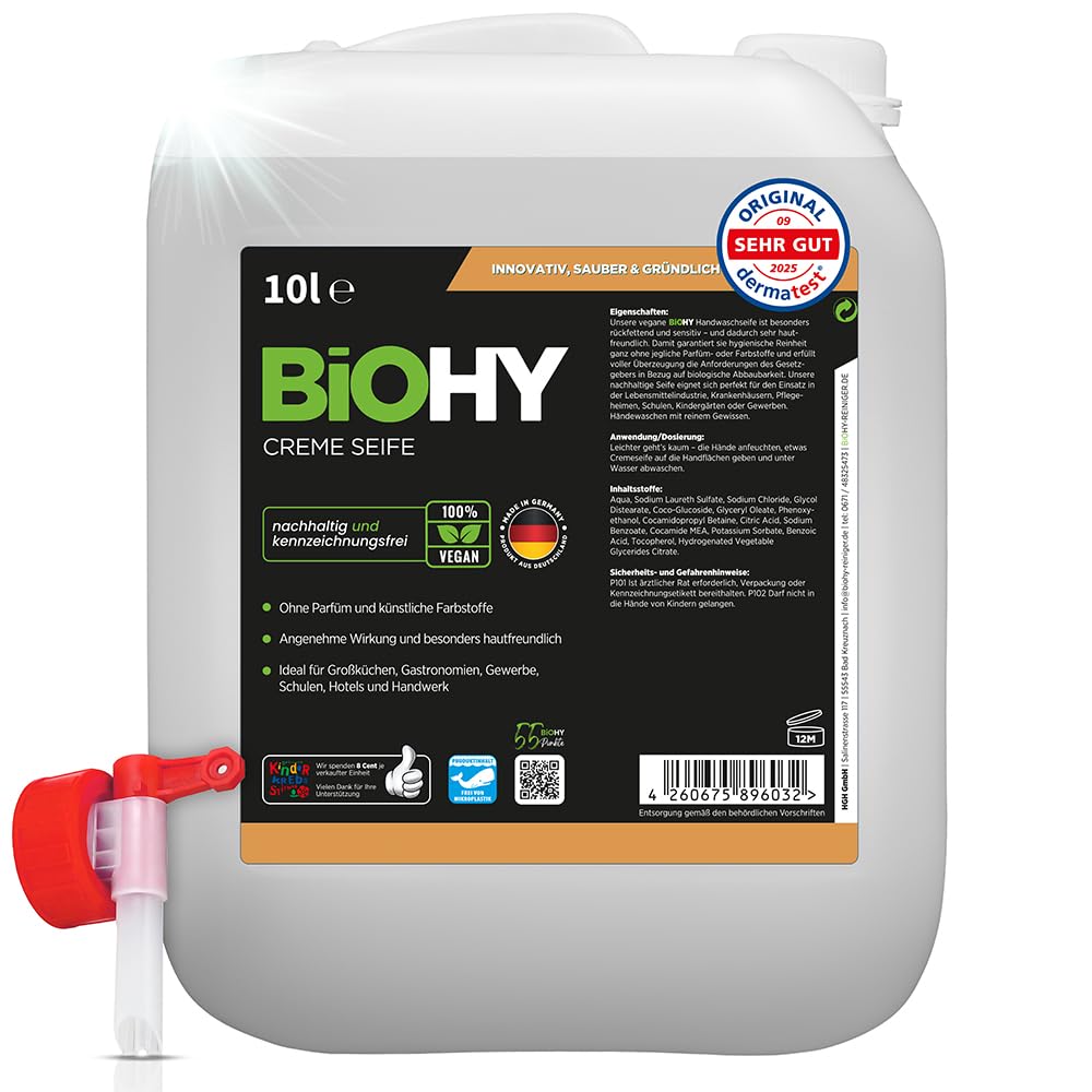 BiOHY Creme Seife (10L Kanister) + Auslaufhahn | Küche & Haushalt | Handhygiene & Handreinigung | entfernt Fett & Lebensmittelrückstände | geruchsneutral | ohne Parfüm & Farbstoffe | phosphatfrei