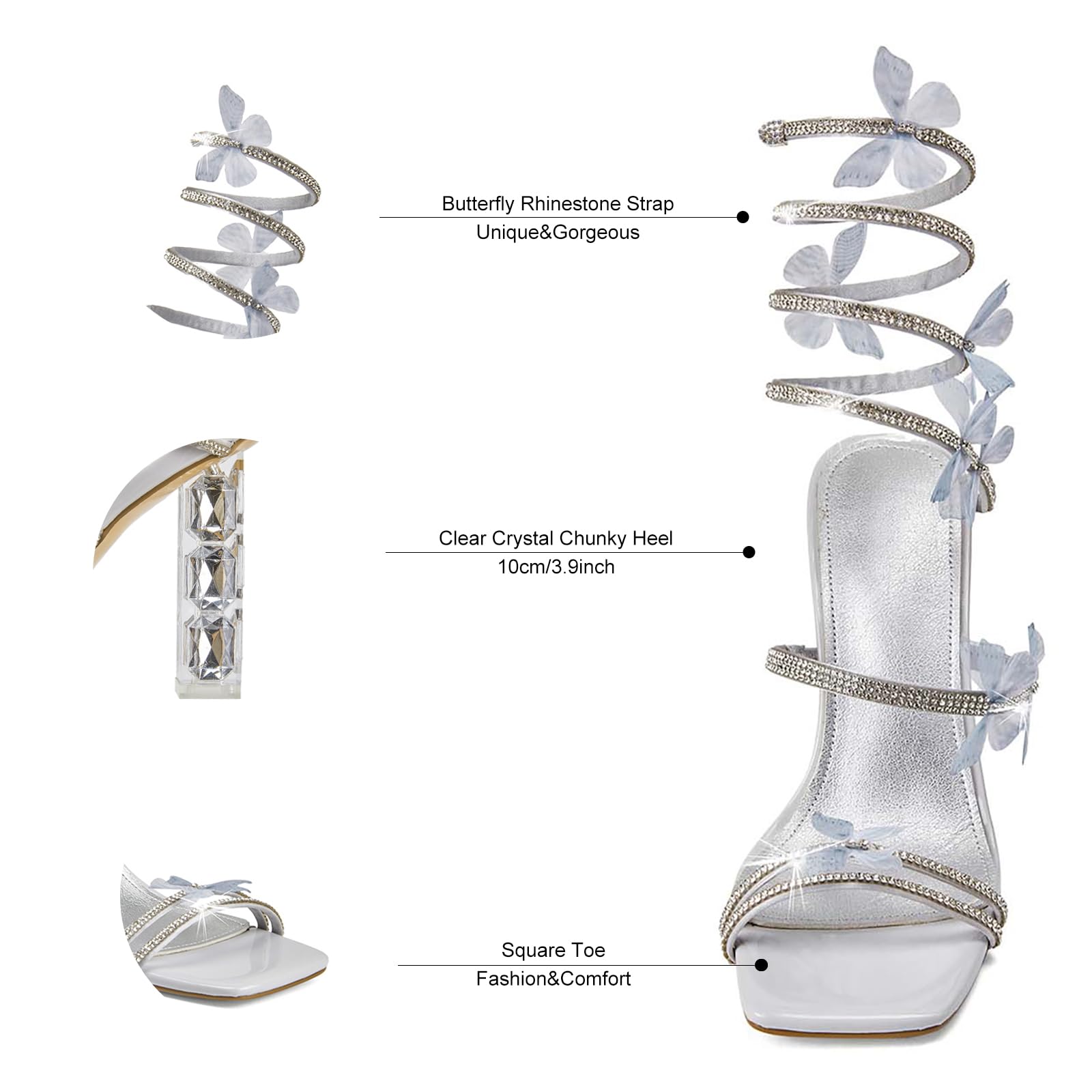 VOZTOLLS Womens Lace Up Sandals Square Open Toe Chunky High Heels Rhinestone Strappy High Block Heel Sandals Sparkly Dress Party Wedding Shoes