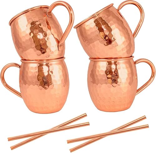 Moscow Mule - Juego de 4 tazas de cerveza + pajitas de cobre + abridor de botellas, juego de regalo de cuatro tazas de cobre macizo de 18 onzas,