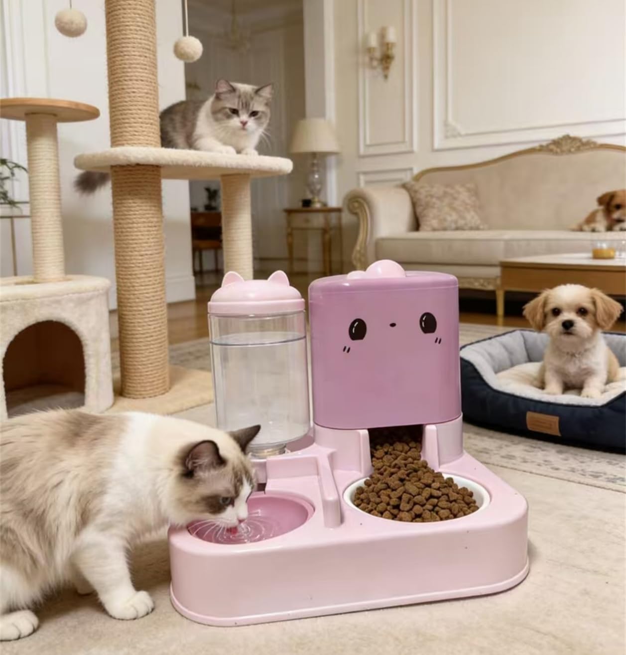 Gamelle automatique pour animal domestique - Distributeur d'eau et de nourriture avec récipient de rangement rechargeable - Grande capacité - Rose