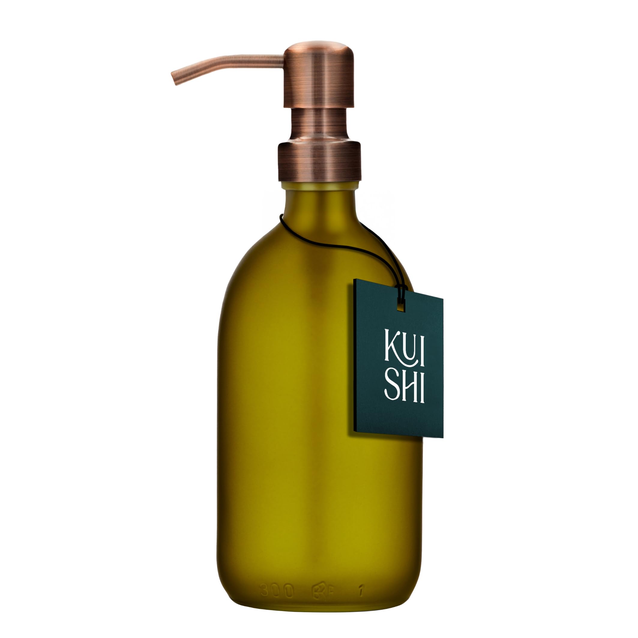 Kuishi 300ml Green Matte Glass Soap Dispenser with Bronze Stainless Steel Pump – Refillable BPA-Free Shampoo and Conditioner Dispenser - Hand Soap Bottle for Kitchen & Bathroom