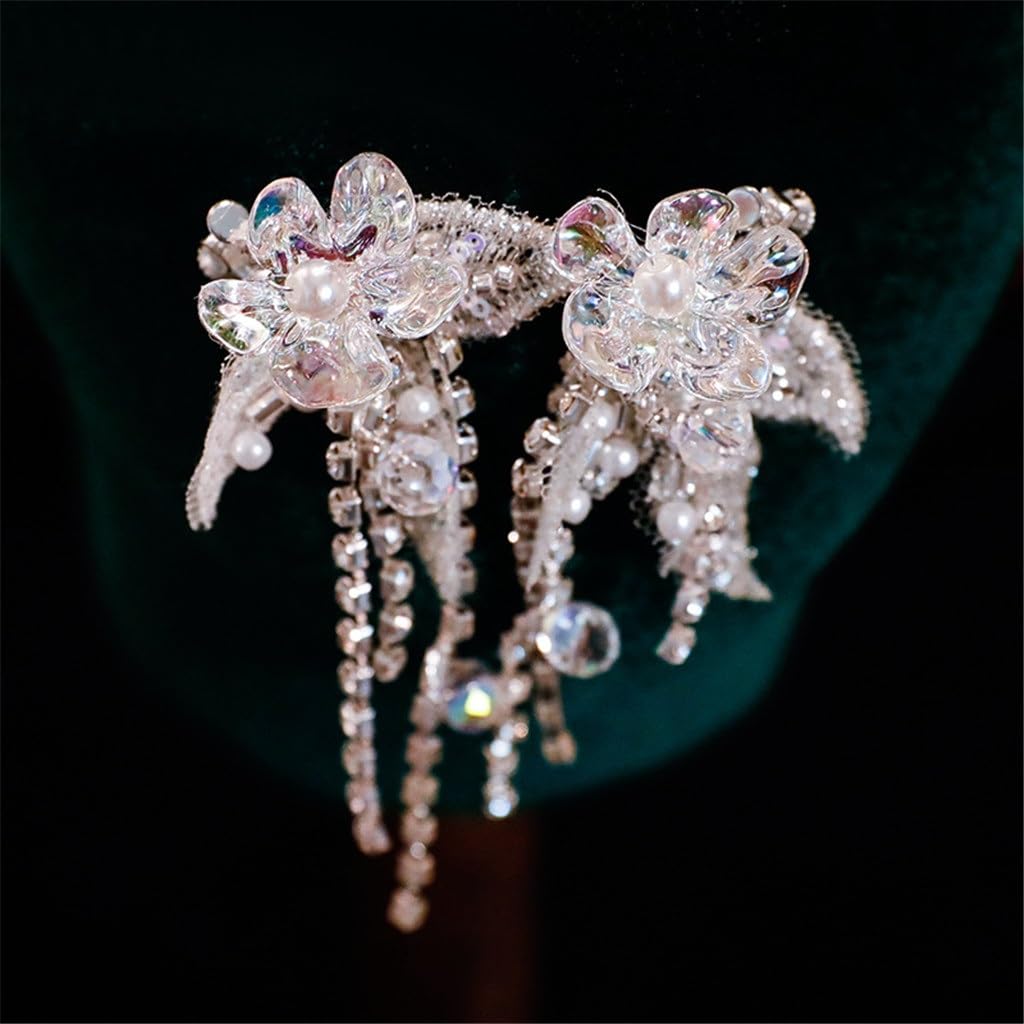 Bridal Tiara Korean Fashion Crystal Beaded Tassel Clip Side Earrings Set Wedding Dress Hair Accessories