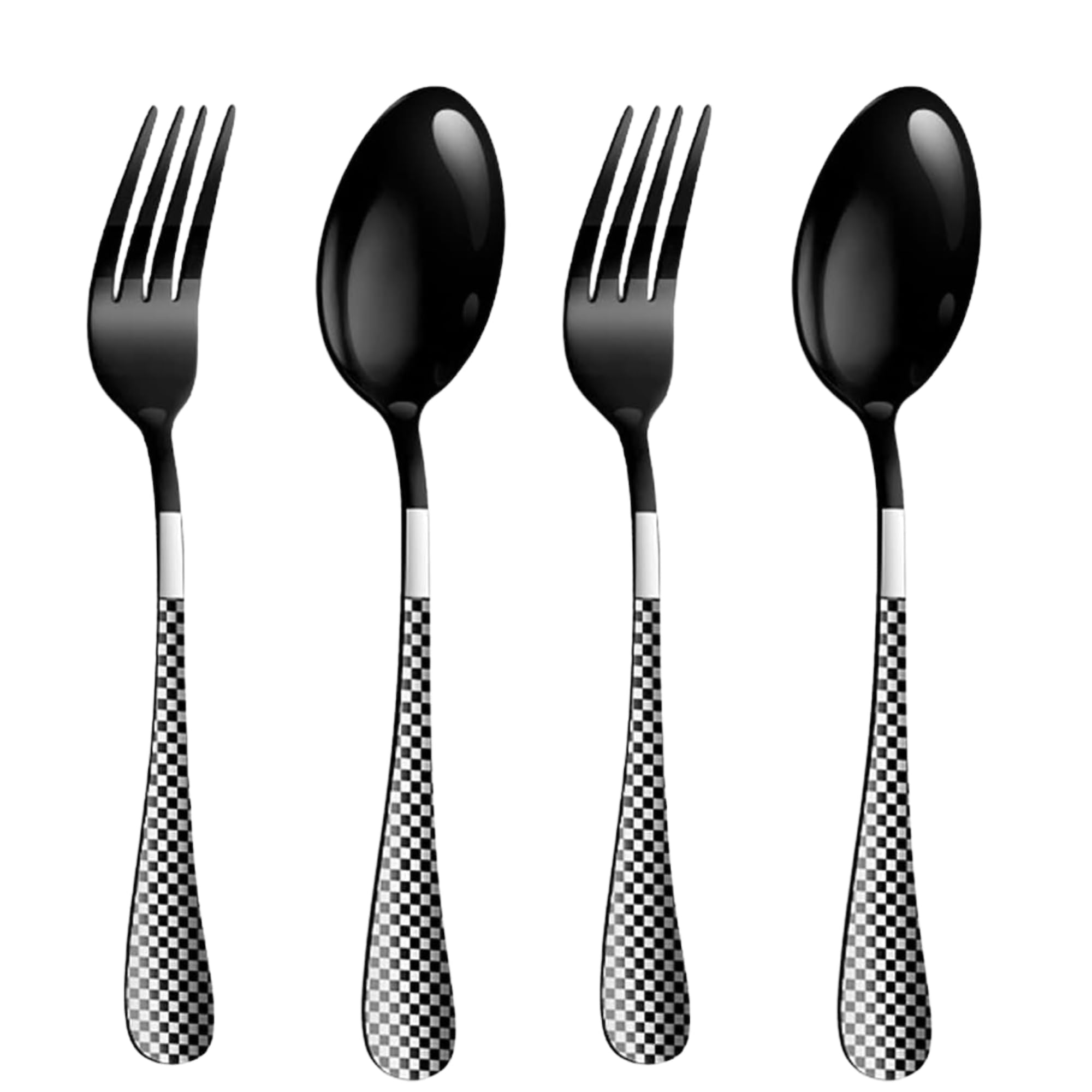 KitchAntique Charcoal Black 4-Piece Cutlery Set – 2 Tablespoons & 2 Dinner Forks (8.1") with Checks Printed Handles, Dur