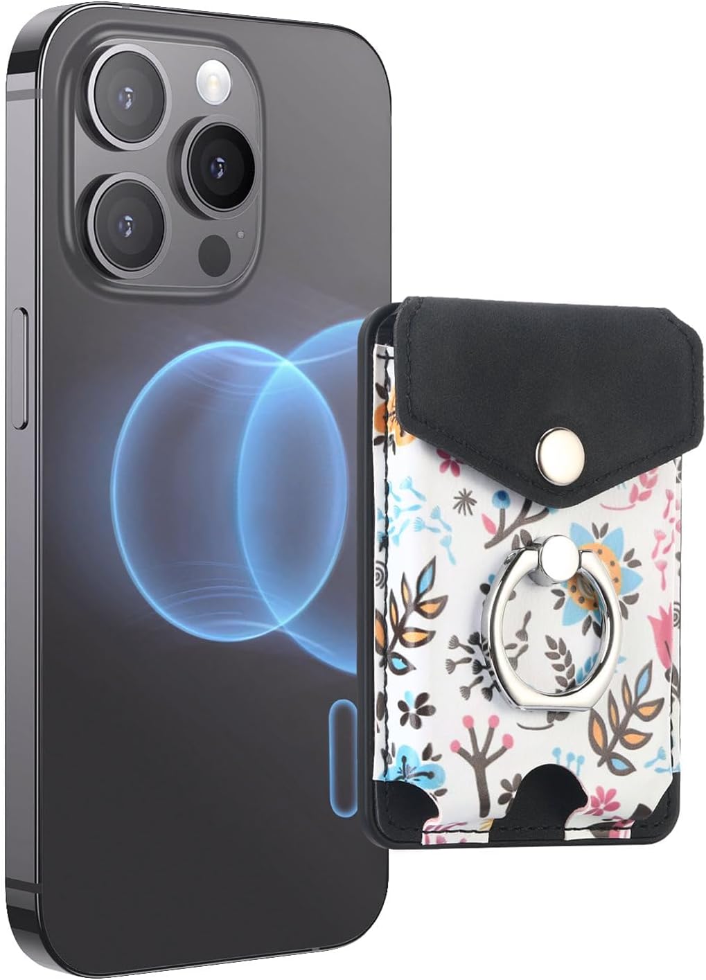 Azonee Magnetic Phone Card Wallet Holder, Floral Black, 5 Card Slot, Mag-Safe Compatible, Strong Magnet, Slim & Light, Elegant Floral Design, Kickstand Function