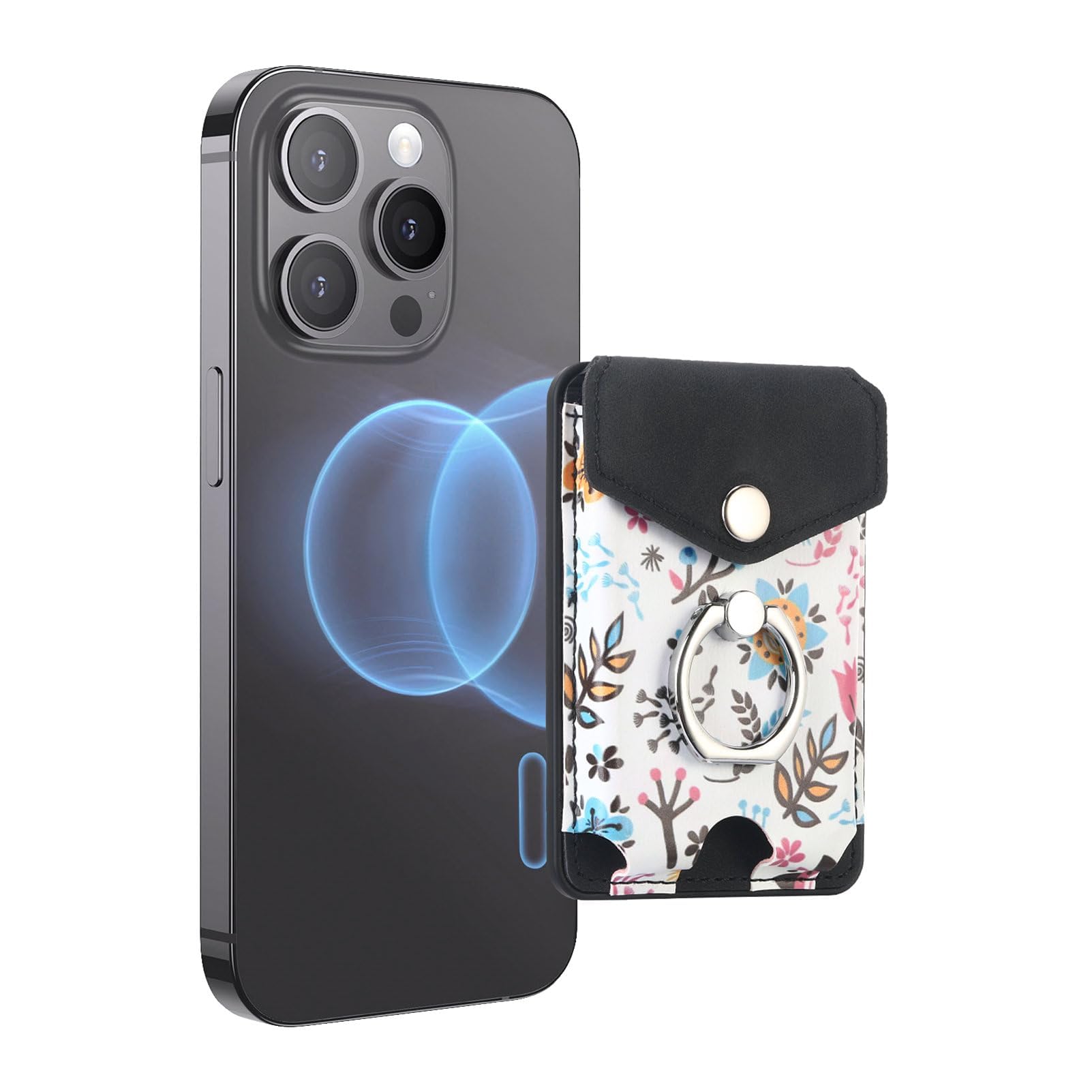 Magnetic Phone Card Wallet Holder, Floral Black, 5 Card Slot, Mag-Safe Compatible, Strong Magnet, Slim & Light, Elegant Floral Design, Kickstand Function