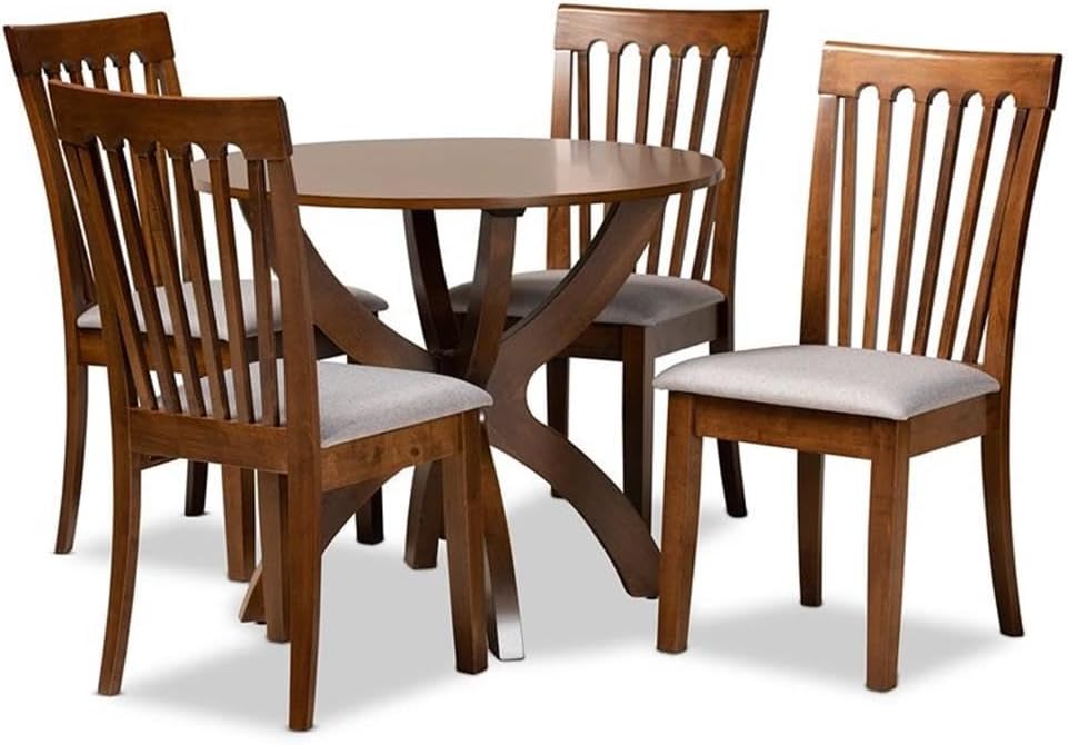 BOWERY HILL 5-Piece Dining Set, Grey Upholstered Chairs, Walnut Brown Wood Circular Table, Oak/Rubberwood Construction, Foam Padding, Modern Cut-Out Back Design, Ideal for Formal or Casual Dining