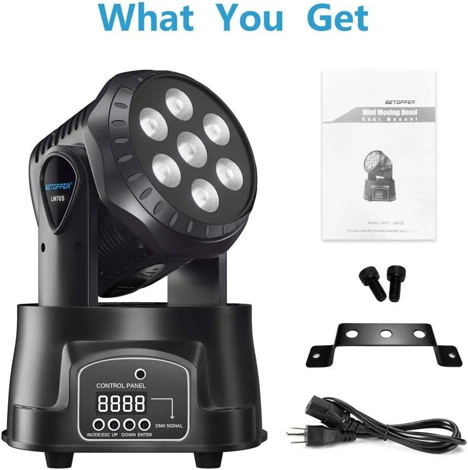 Contents included with the LED Moving Head Light: fixture, user manual, mounting bracket, screws, and power cable.
