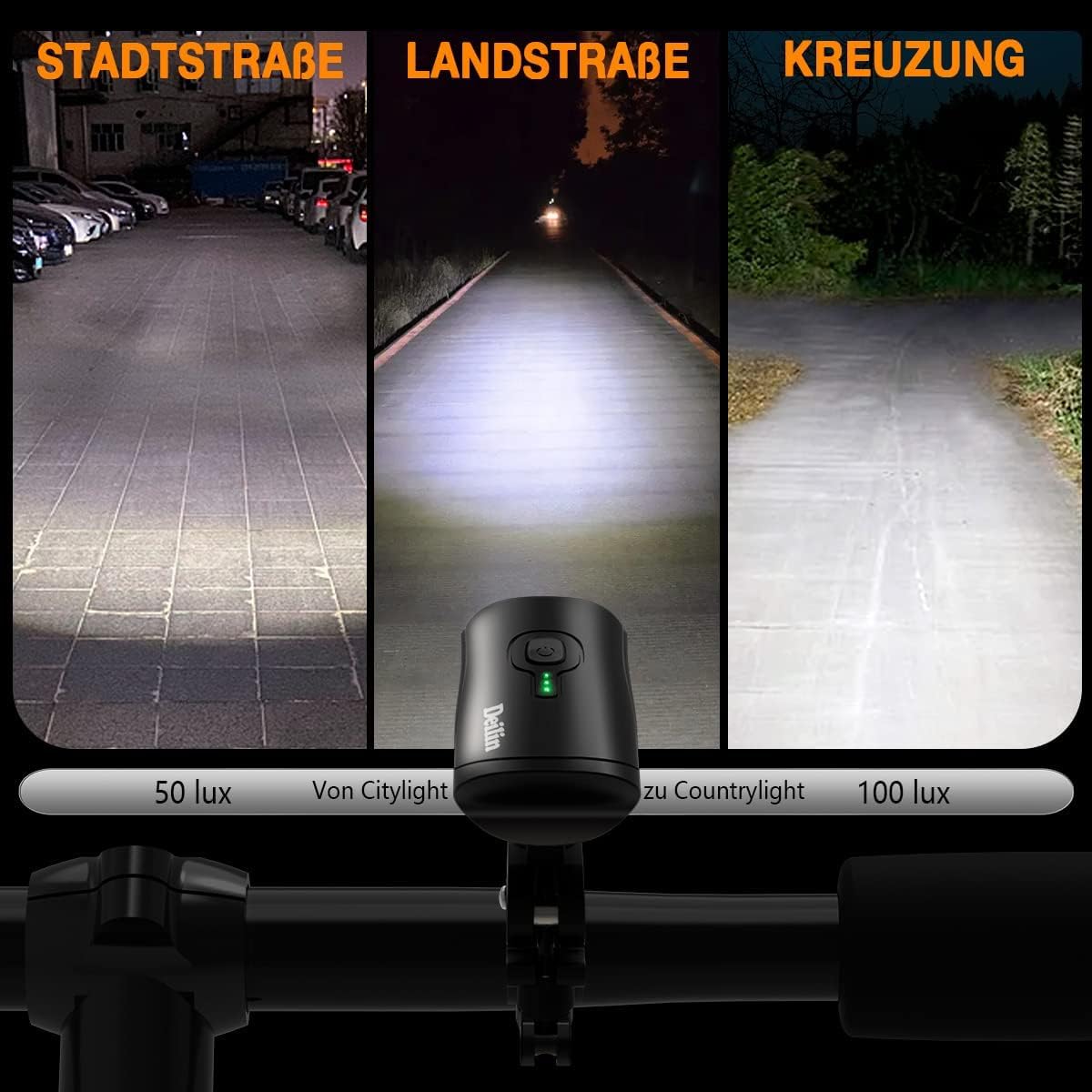 Deilin Fahrradlicht Set, bis zu 70 Lux LED Fahrradbeleuchtung USB Aufladbar Fahrradlampe, IPX5 Wasserdicht Fahrradlichter Vorne Rücklicht Fahrrad Licht Fahrradleuchtenset Fahrradlampe