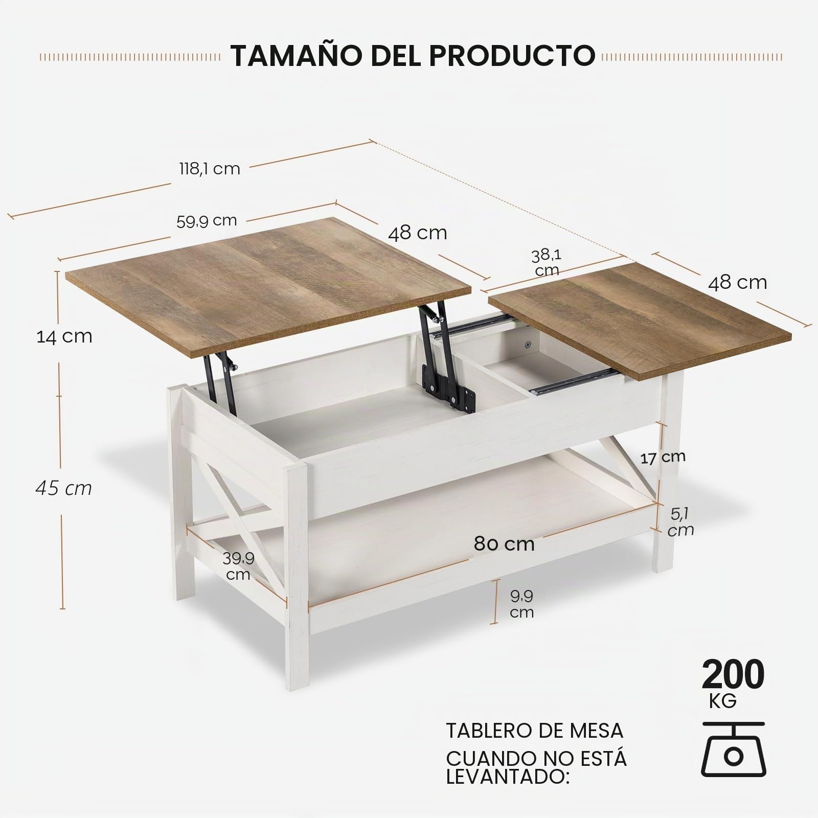 Mesa Elevable Salon,Mesa de Centro con Placa Elevable, Mesa Baja Salon de 39 Pulgadas con Compartimento Oculto, Mesa de Salón Tipo Push-Pull para Salón y Oficina (Blanco)