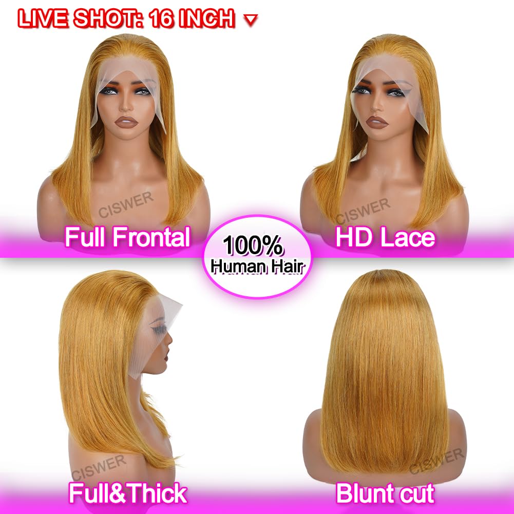 Blonde Short Bob Wig Human Hair Straight 13x4 Lace Front Wig Human Hair Bob Wigs for Black Women Glueless 180 Density Bob Wig 27# Color 16 Inch
