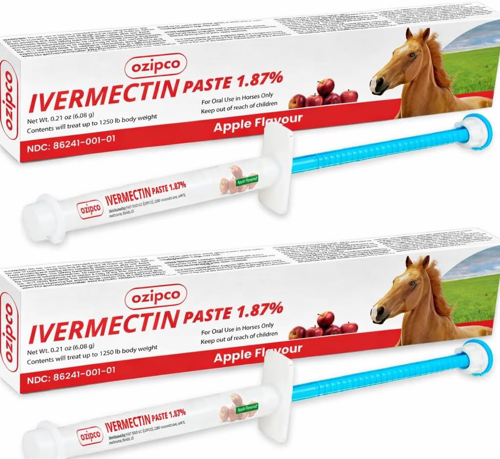 Ivermectin Horse Paste 1.87% | Apple Flavor – 6.08g Syringe for Equine Use Only Up to 1250 LB (2-Pack)