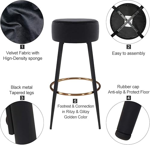 Miniatura 4 de DUHOME Juego de 2, modernos taburetes de bar redondos de terciopelo, altura de 30 pulgadas, silla de comedor redonda de desayuno para cocina,