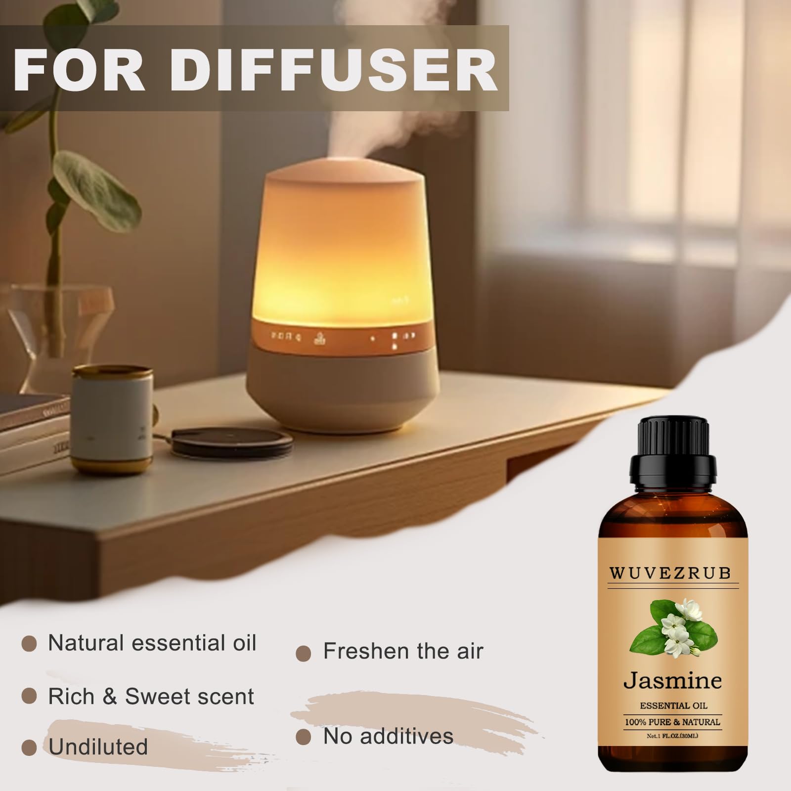 Aceites esenciales de jazmín orgánico de 30 ml, aceite esencial de jazmín puro y natural para difusor de aromaterapia, jazmín, 1 onza líquida