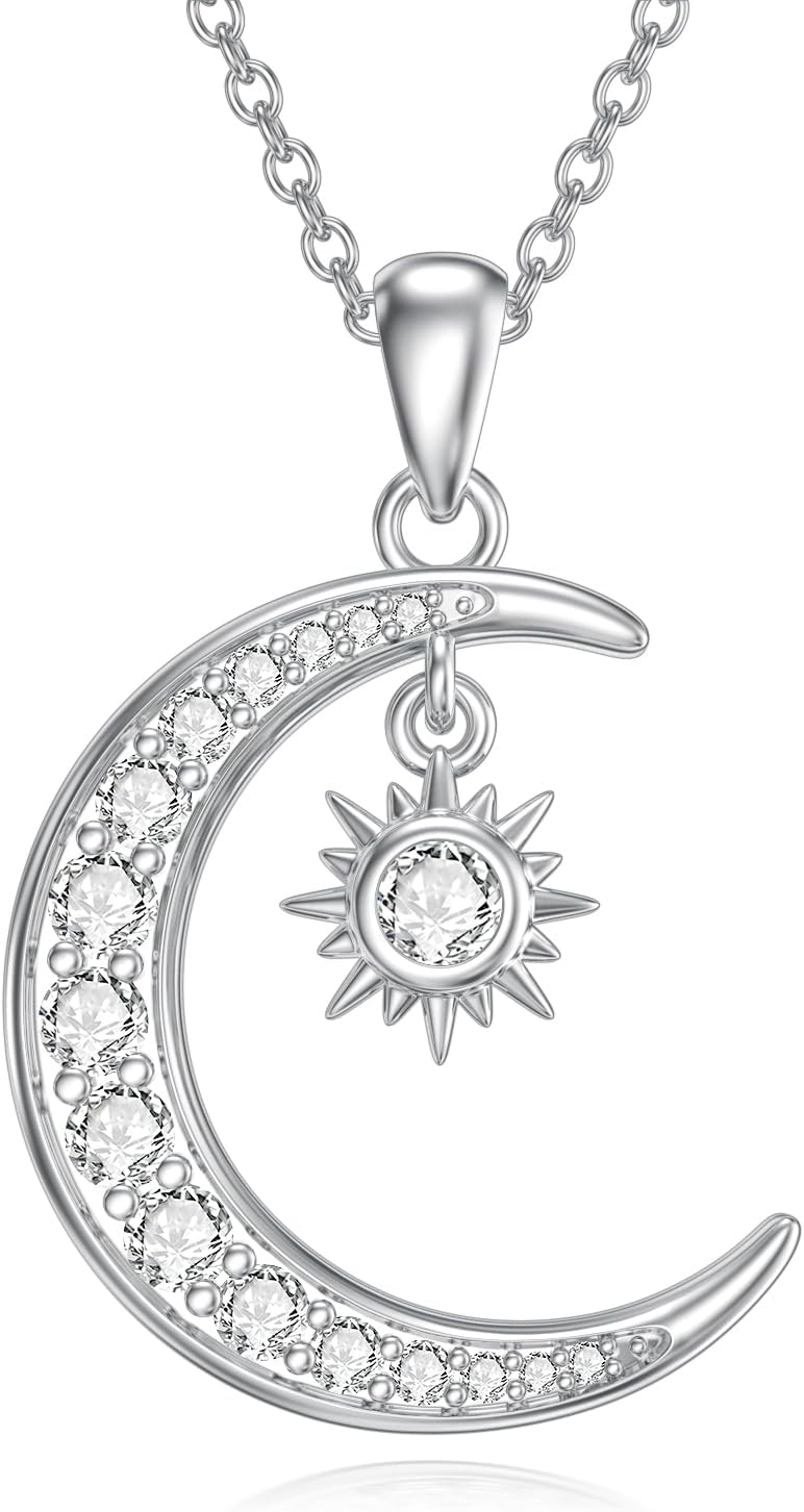 Moissanite Diamond Sun/Moon/Crescent Moon Star/North Star Necklace for Women 14K Gold Plated 925 Sterling Silver Sun and Moon Pendant Birthday Velentine's Mothers Day Gifts for Mom Women Girlfriend 18+2 Inch