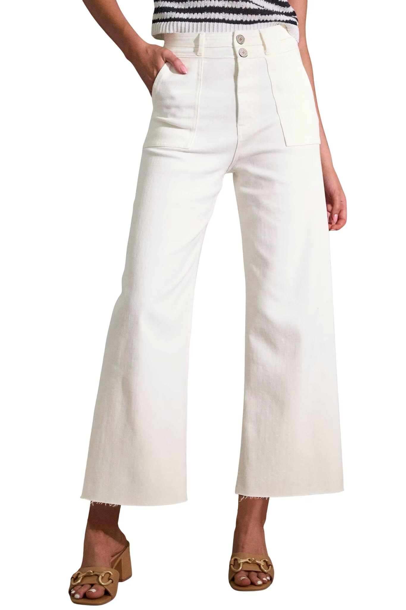 Allimy Womens High Rise Two Button Closure Cropped Jeans Wide Leg Front Slip Pockets Frayed Hem Denim Pant