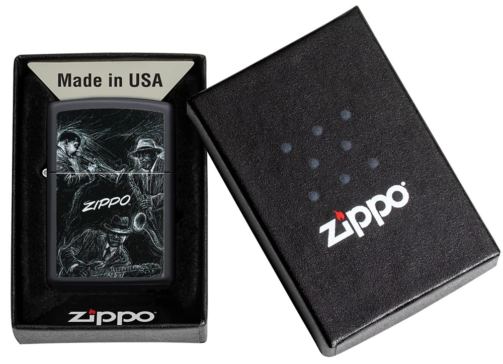 Zippo Briquet Tempête - Modèle Jazz Musicians - Finition Noire Mate avec Color Image - Rechargeable - Réutilisable - Design Coupe-Vent - Coffret Cadeau - Fabriqué aux États-Unis