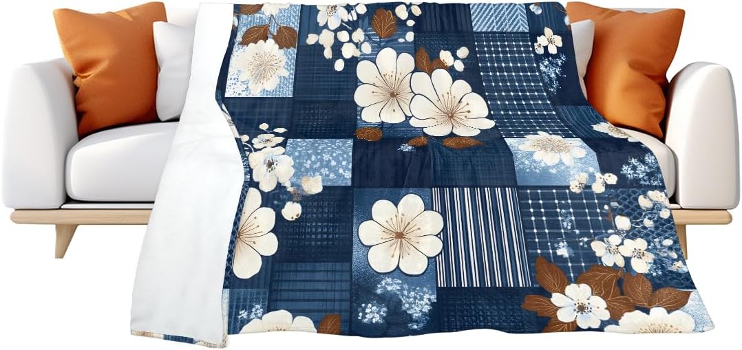 Vintage Plaid Floral Throw Blanket Soft Flannel Throw Blanket Lightweight Puffy Plush Fuzzy Bed Blanket for Bedding Sofa and Travel 55"X 70"