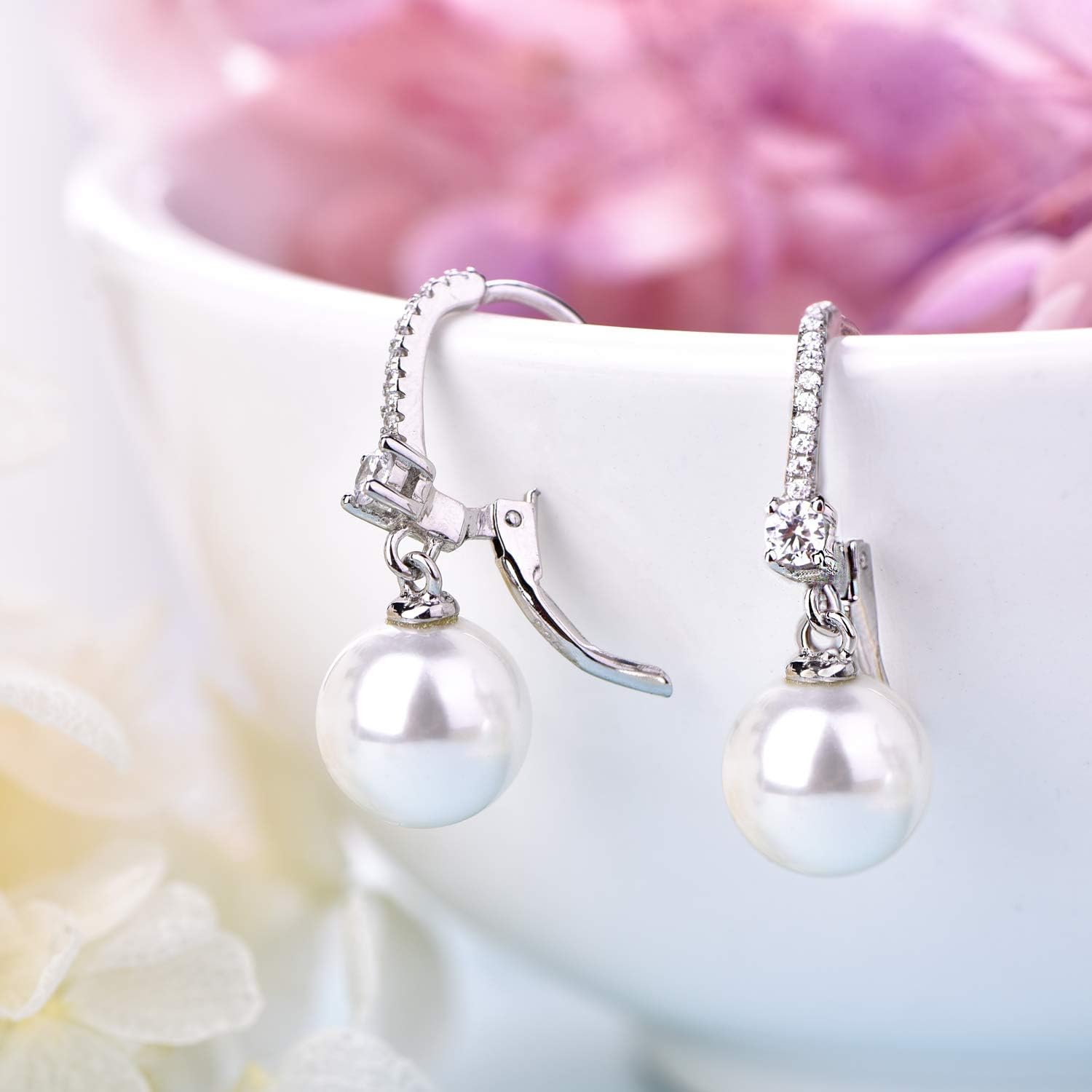JO WISDOM 925 Sterling Silver Freshwater Pearl Hoop Earrings with Dangle Real Pearl,Simulated Pearls