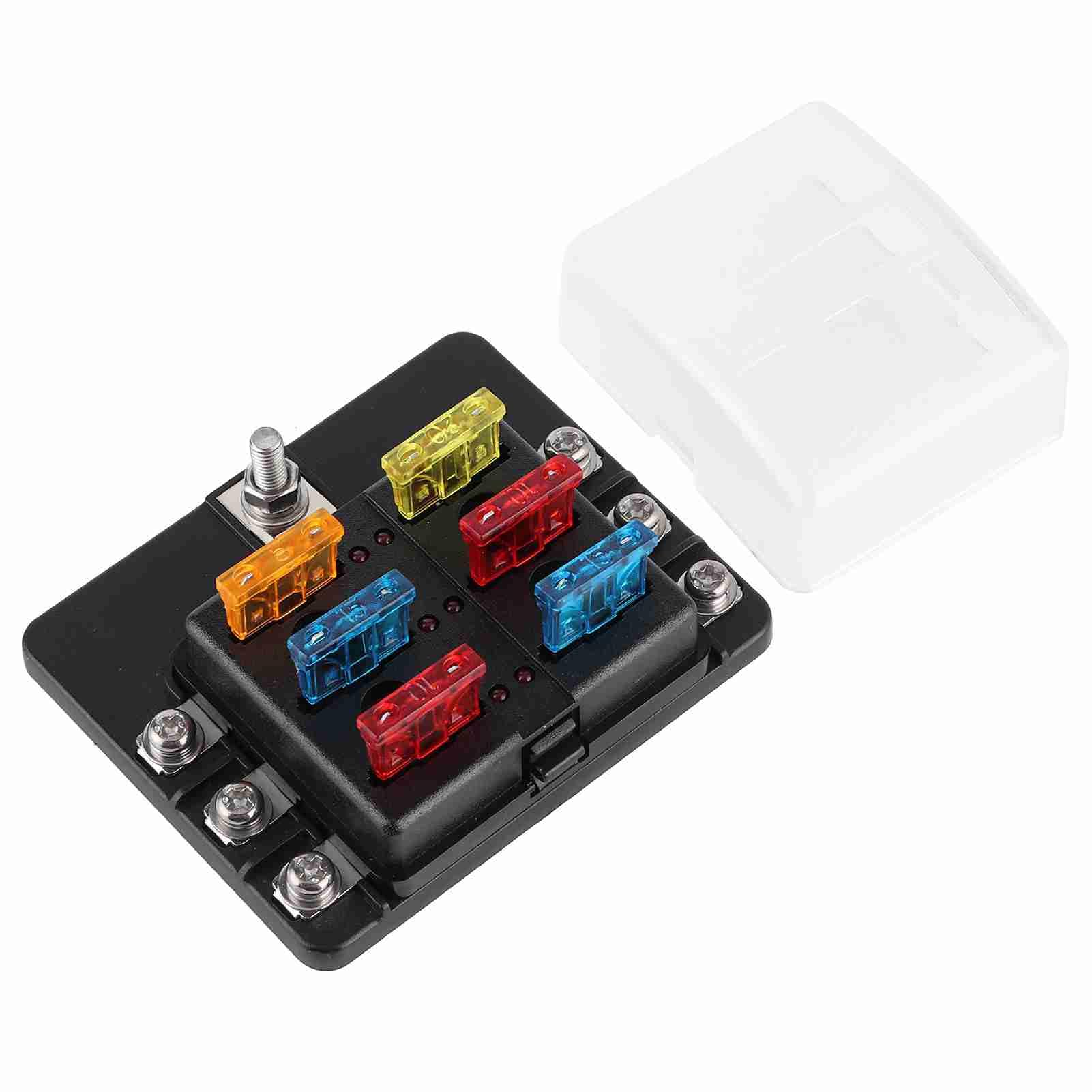 Sicherungshalter, 6-Wege-PBT-Box mit LED-Anzeige für Auto, Marine, Boot, Yacht, Hochwertig, Langlebig, Isoliert, Schwarz
