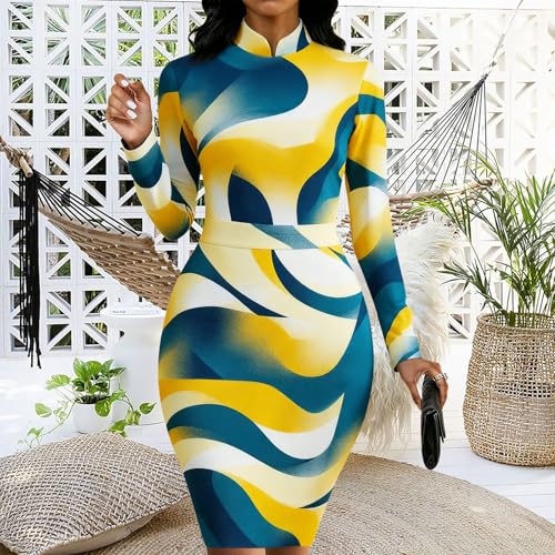 Image of MsavigVice Bodycon Dress Women Mandarin Collar Long Sleeve Knee Length | Vibrant abstract prints with bold varied hues, soft stretch fabric contours curves for sleek versatile everyday styling