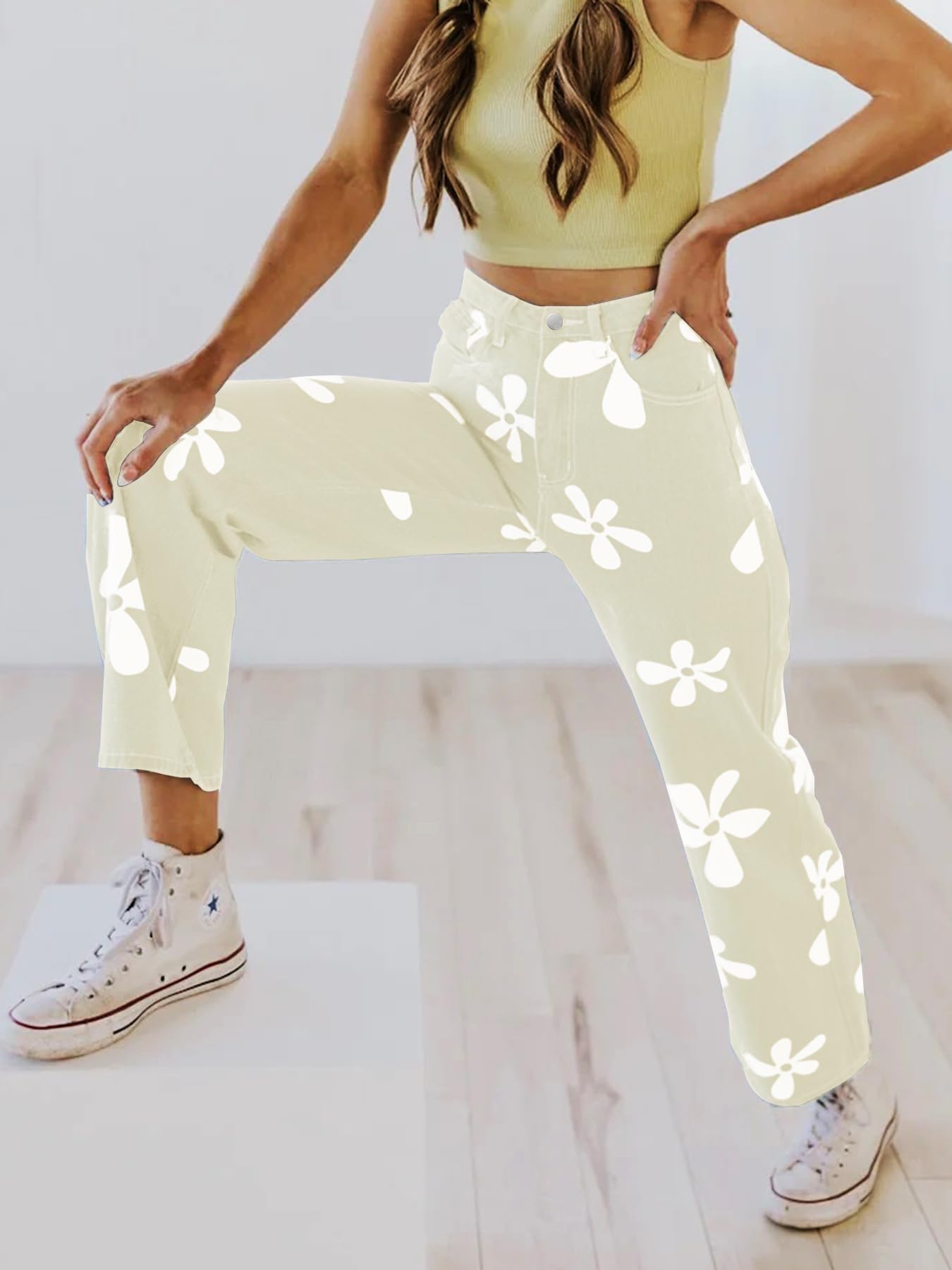 Women's Flower Print Y2K Fashion Wide Leg High Waist Denim Pants Boyfriend Jeans Loose Fit Vintage Jeans for Teen Girls