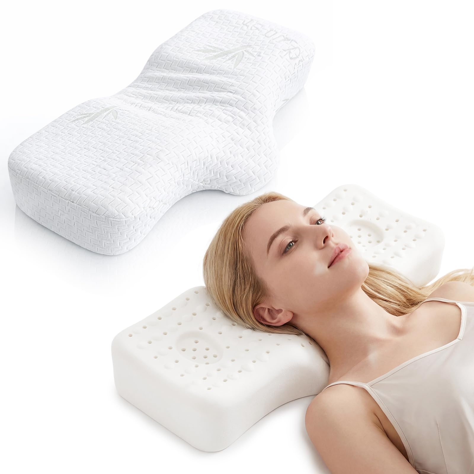 Orthopädisches Nackenstützkissen 32x62x4/8 -Talalay Latex Kissen aus Naturlatex, Ergonomisches Nackenstützkissen für Seiten-und Rückenschläfer - Verstellbares Orthopädisches Talalay Pillow
