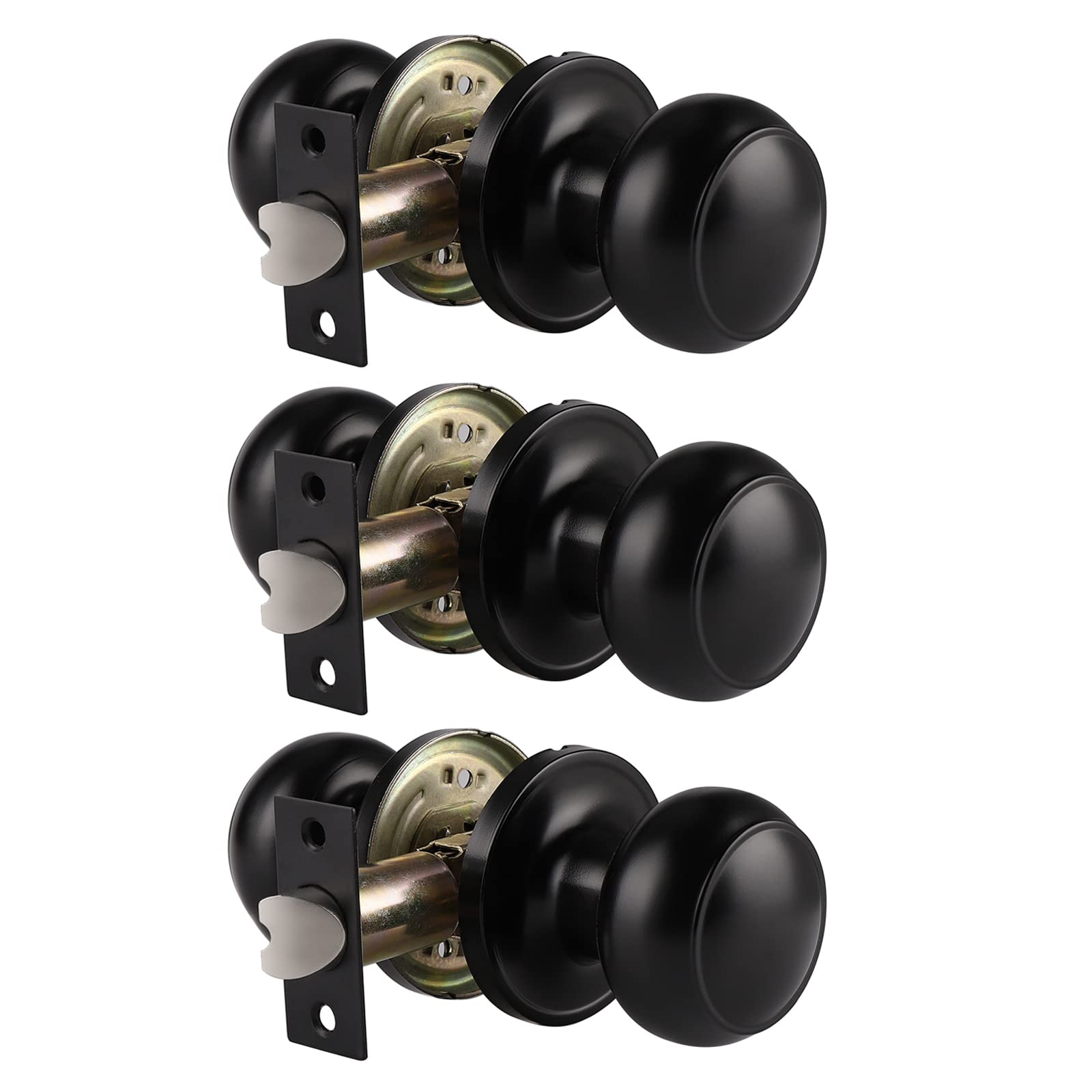 Probrico Door Knobs Matte Black Finish, 3 Pack Interior Passage Door Handles with Solid Adjustable Latch, Keyless Door Handles for Closet Hallway