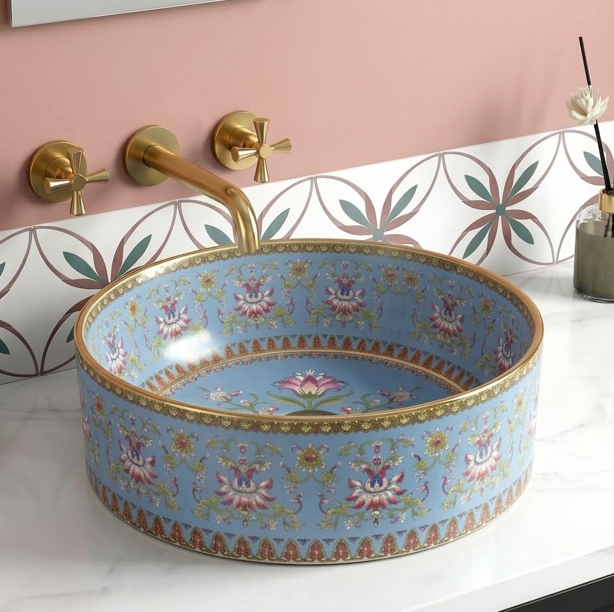 Image of BASSINO 16x16x5 Inches Designer Moroccan Ceramic Table Top Wash Basin /Glossy Blue Floral Art Bowl Sink for Bathroom /Handcrafted Round Countertop Washbasin for Office /Hotel(Glossy Blue)