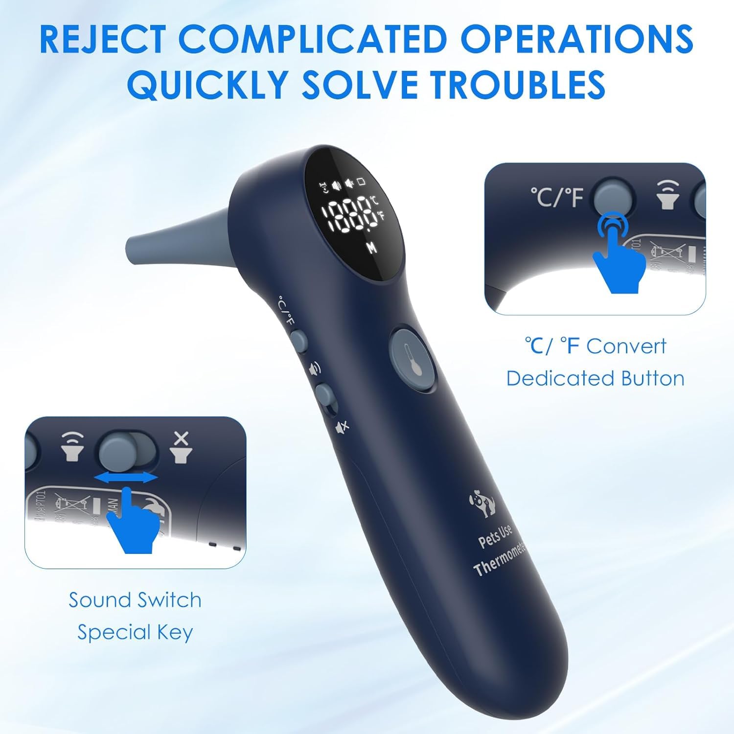 Pet Ear Thermometer for Dogs, Cats, and Livestock, Long Probe Designed, ℃/ ℉ Convert and Sound Switch Dedicated Button, 1 Second Measurement, 20 pcs Pet Swabs Included