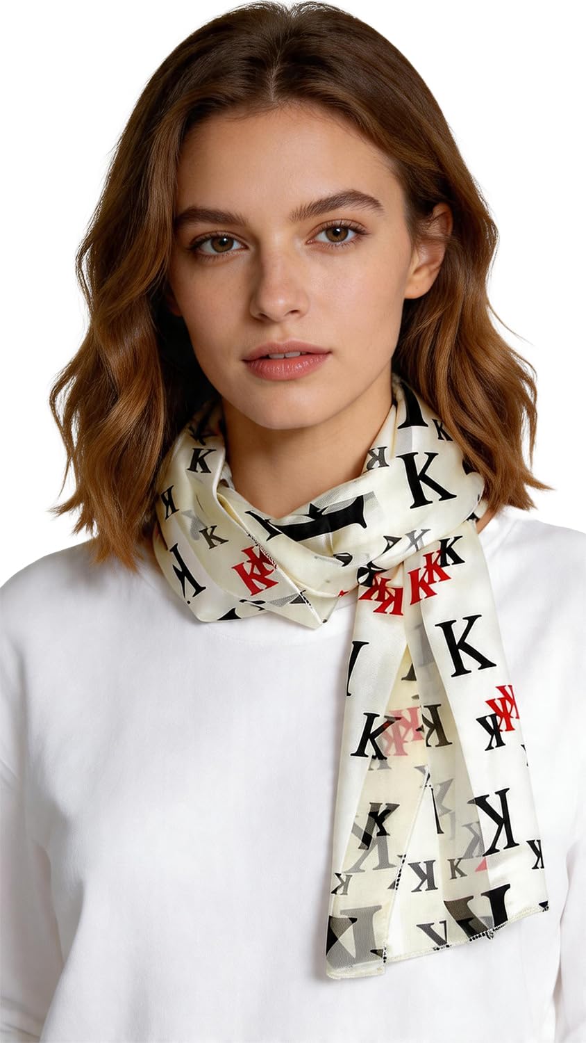 Scarfs for Women, Lightweight Soft Silky Scarves, Initial Alphabet Monogram Satin Chiffon Neckerchief, Hair Wrap - Off-white - One Size
