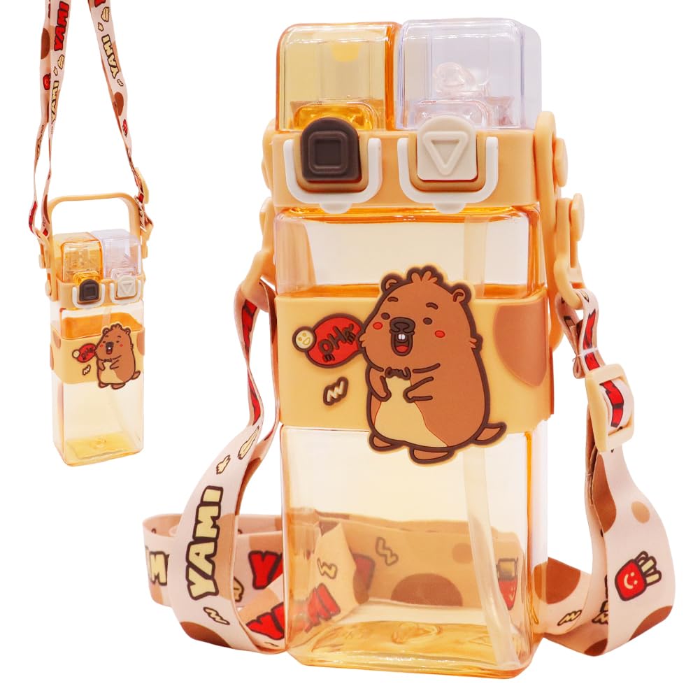 FCXVXCL Capybara Water Bottle, Cute Capybara Water Bottles with Adjustable Strap for Boys Girls Outdoor Sports, Tritan BPA Free, LeakProof 520ML