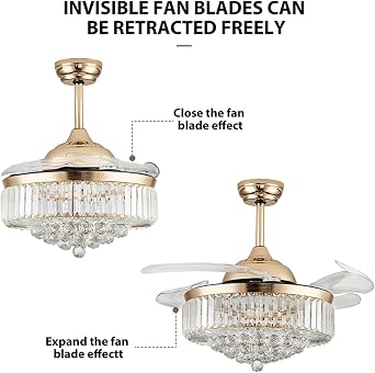 Ceiling Fan Light Chandelier Ceiling Fan Lighting, Crystal Light Dimmable Fandelier with Remote Control, Retractable Blade Comfortable Wind Speed Light(Silvery) [Energy Class A+]