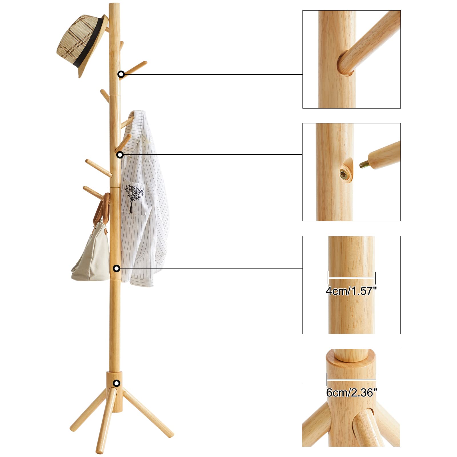 YMYNY Portemanteau en Bois, Portant à Vêtements avec 8 Crochets, Portemanteau sur Pieds, Assemblage Facile, pour Chapeau, Vêtements, Sac à Main, Foulards, parapluie Couleur Bois HRF-1193