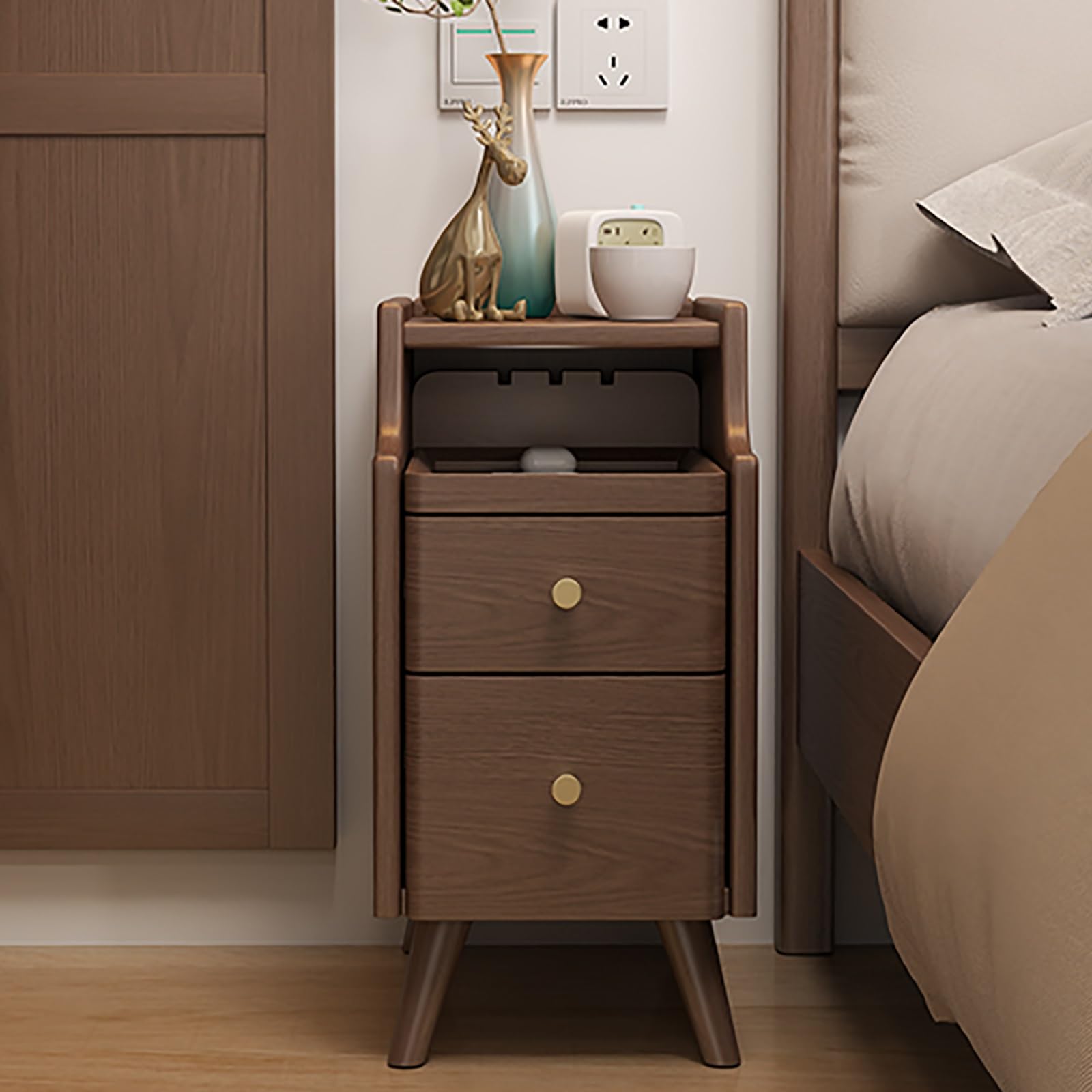 ブラウン木製サイドテーブル 引き出し2つ