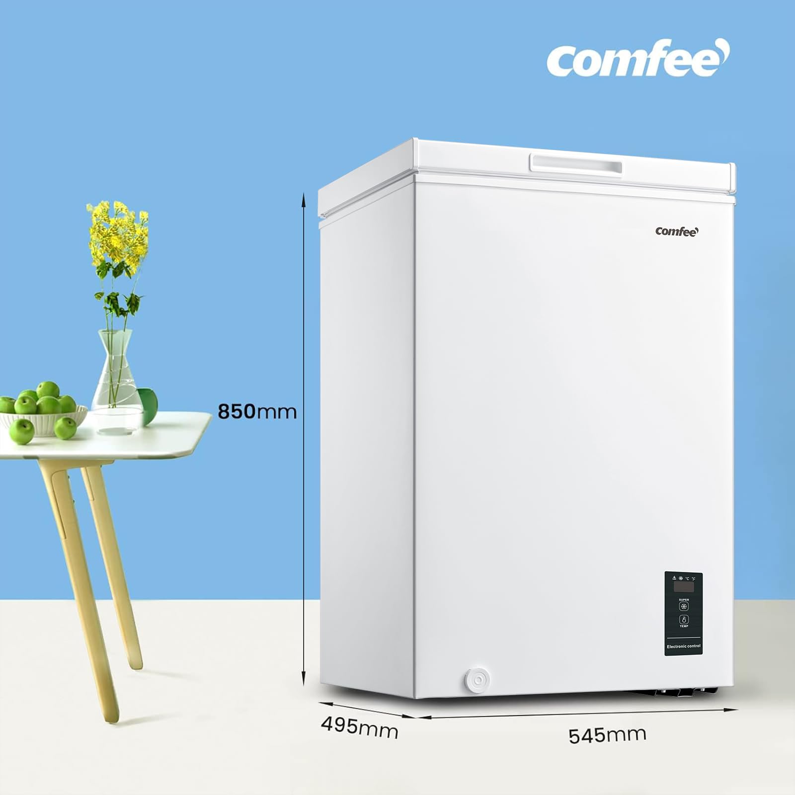 COMFEE' RCC100WH2(E) Congelatore a pozzetto, 99 Litri, Libera installazione, Silenzioso 38 dB, Sistema di raffreddamento D+, Controllo digitale, Adatto a vari scenari, Bianco