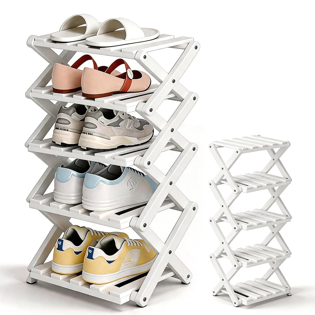 Gohytal Scarpiera pieghevole, piccola scarpiera verticale in bambù, scarpiera alta piccola per piccoli spazi, scarpiere strette per ingresso, camera da letto, corridoio, angolo (bianco, 5