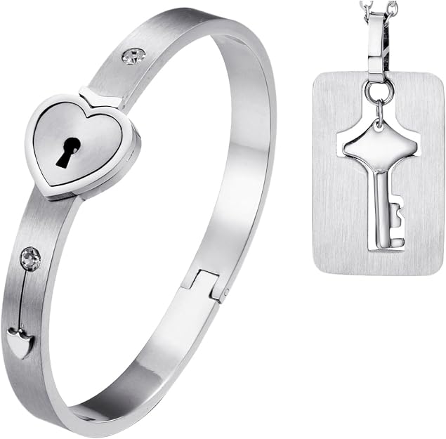 OIDEA Pulsera Collar de Pareja con Cerradura de Corazón Llaves Brazalete Enamorado de Acero Inoxidable Joyería de Moda Regalo de Amor, Oro Rosa, Plata, 2PCS (Plateado)