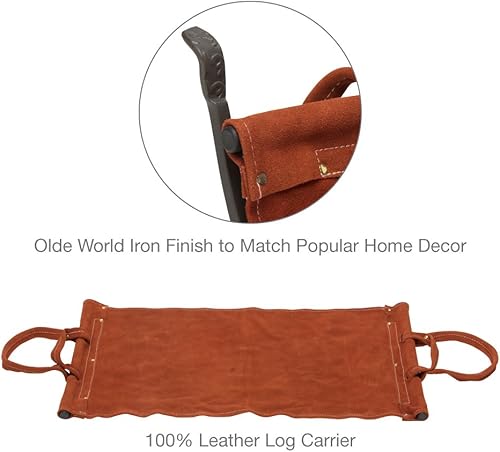 Miniatura 4 de Uniflame Olde World - Soporte para leña de hierro con portador de cuero de gamuza