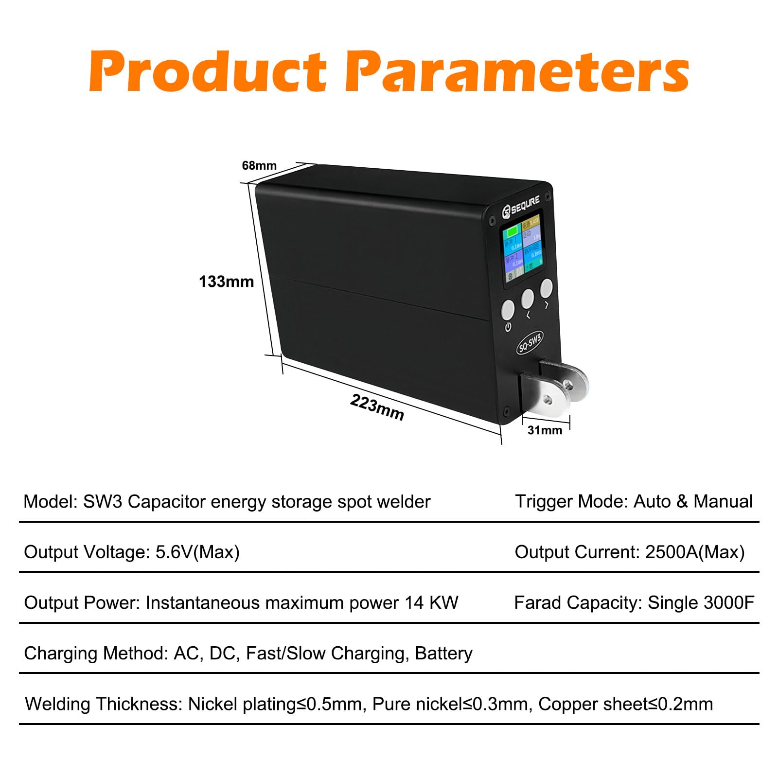 SEQURE SW3 Soldador por puntos 2500A condensador equipo de soldadura por puntos Batería Farad modo automático y manual para 18650, 21700 batería de litio construcción con pedal de pie, asas divididas