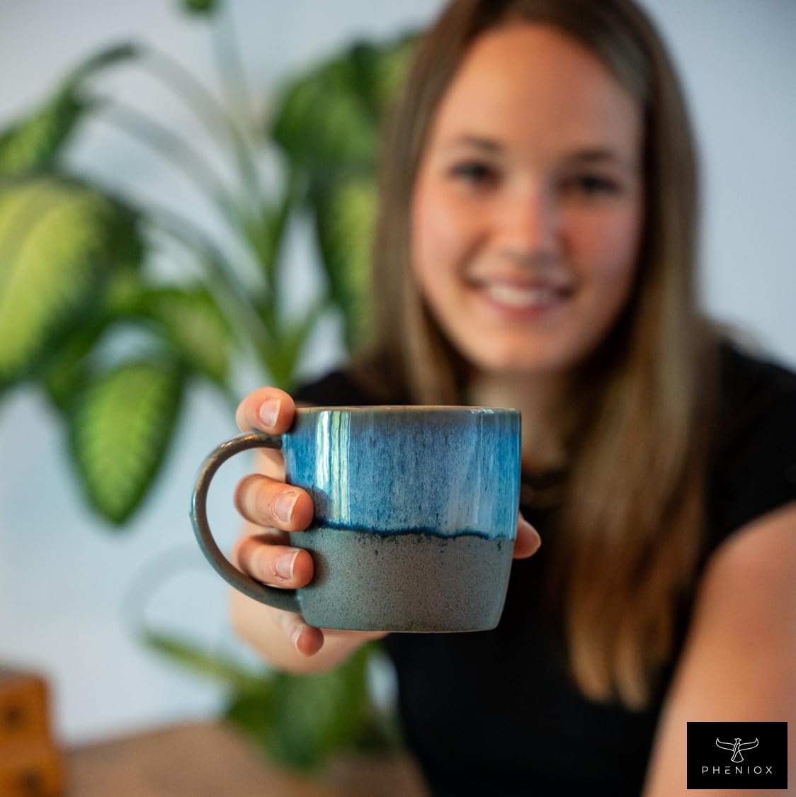 Pheniox Cappucino zestaw filiżanek Ocean, 2 x 350 ml, kamionka, z uchwytem, nadają się do mycia w zmywarce i używania w kuchence mikrofalowej, pudełko prezentowe