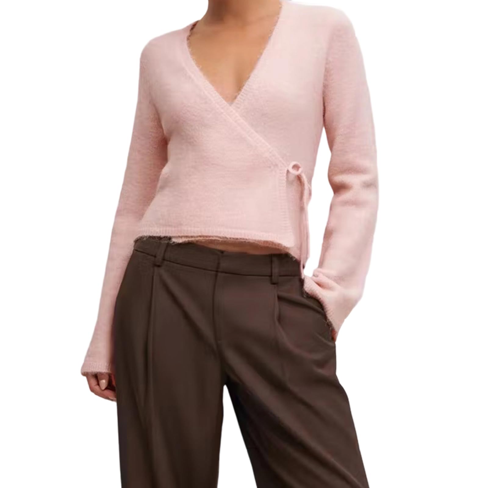 Fuzzy Wrap Sweater for Women Y2k V Neck Long Sleeve Fitted Pullover Knit Tops Casual Side Tie Up