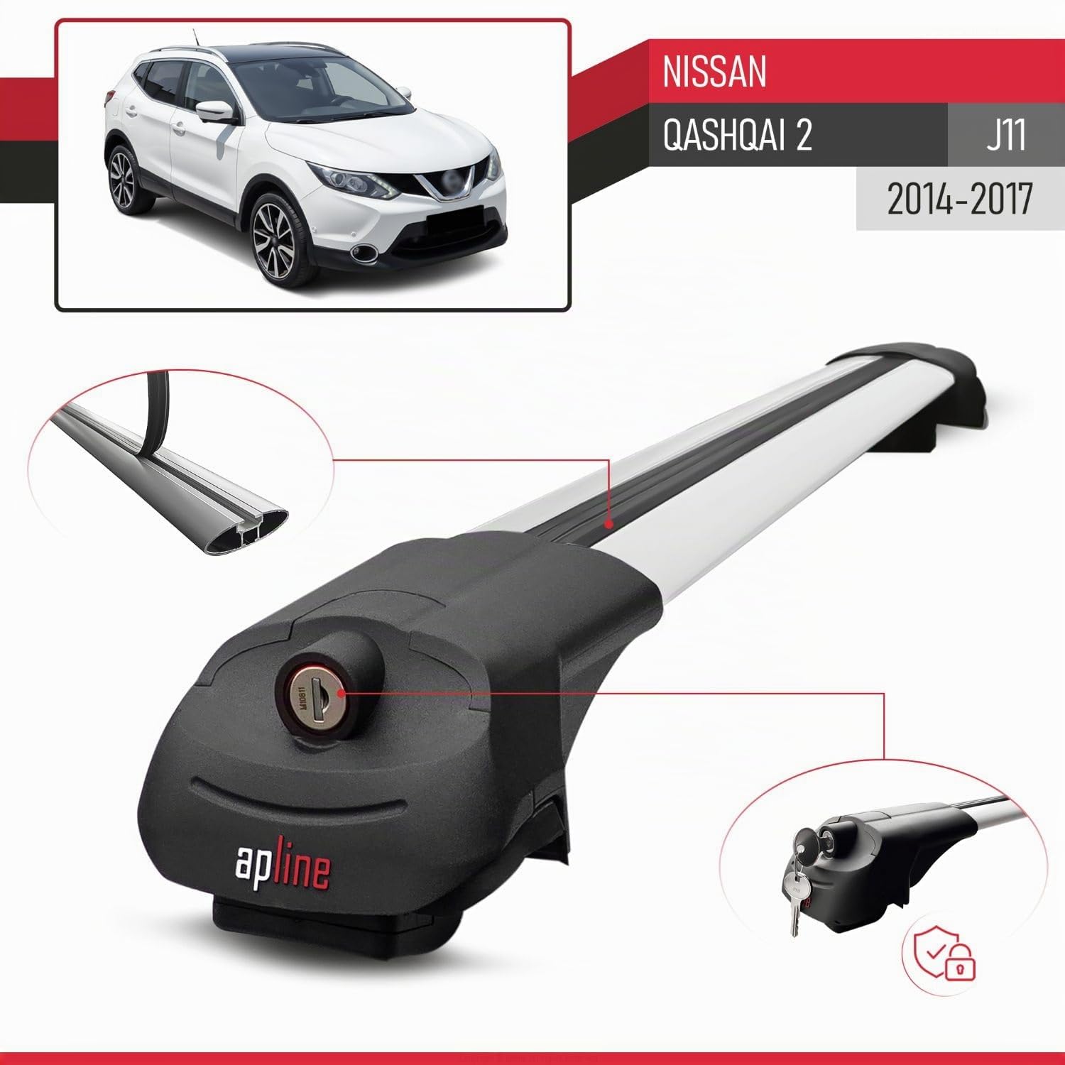 Compatible avec Nissan Qashqai 2 (J11) Pre-Facelift 2014-2017 ACE-1 Modèle Barres de Toit Railing Porte-Bagages de Voiture Aluminium Gris 2 Barres