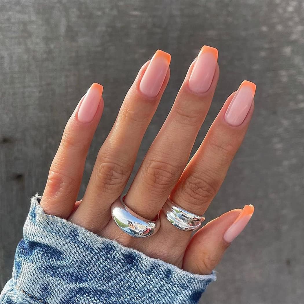 Sethexy 24Pcs French Tip Pink False Nail Short Square Orange Fake Nails Press on Nails Glossy Acrylic Stick on Nail for Women and Girls Nail Art