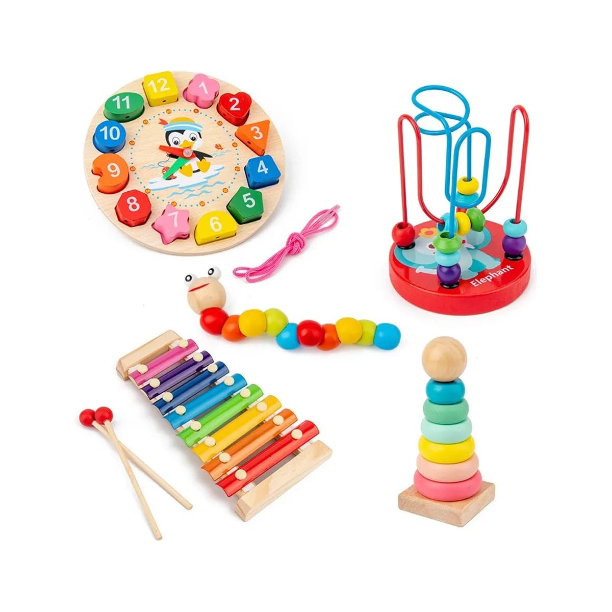 JISHOP Paquete Didáctico Infantil Estimulación Temprana 5 Piezas – Juguetes de Madera Educativos para Motricidad, Colores y Coordinación Ojo‑Mano Paquete Didáctico Infantil Estimulación