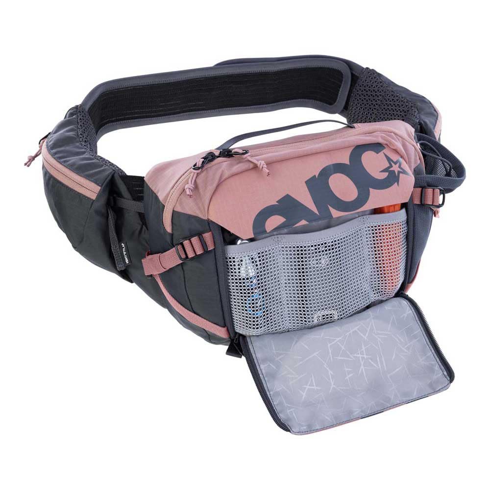 EVOC HIP PACK PRO 3 + HYDRATION BLADDER 1.5, saszetka biodrowa (AIR FLOW CONTACT SYSTEM, pas biodrowy AERO FLEX, w tym 1,5l bukłak i uchwyt na butelkę, One Size), Dusty Pink - Carbon Grey