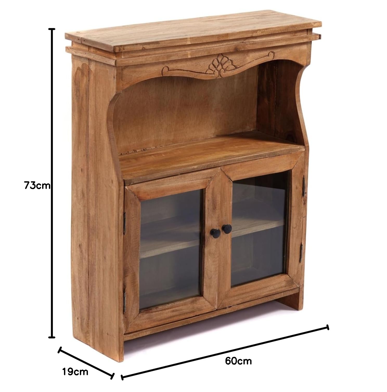 DESIGN DELIGHTS Naturalna szafka ścienna Ribera | drewno mahoniowe, szklane drzwi, 73 cm, z rzeźbami | szafka wisząca, regał kuchenny z haczykami, szafka drewniana, regał ścienny z grawerunkiem