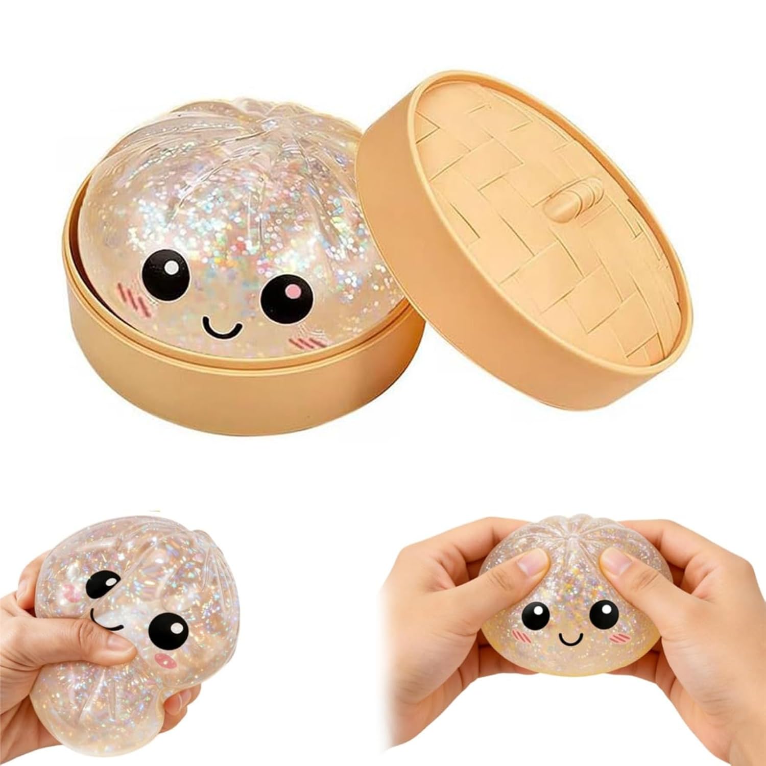 Giant Dumpling, 10cm Glitter Dumpling with Steamer Box, Soft Dough Dumplings Stress Balls, Colorful Sensory Fidget (A)