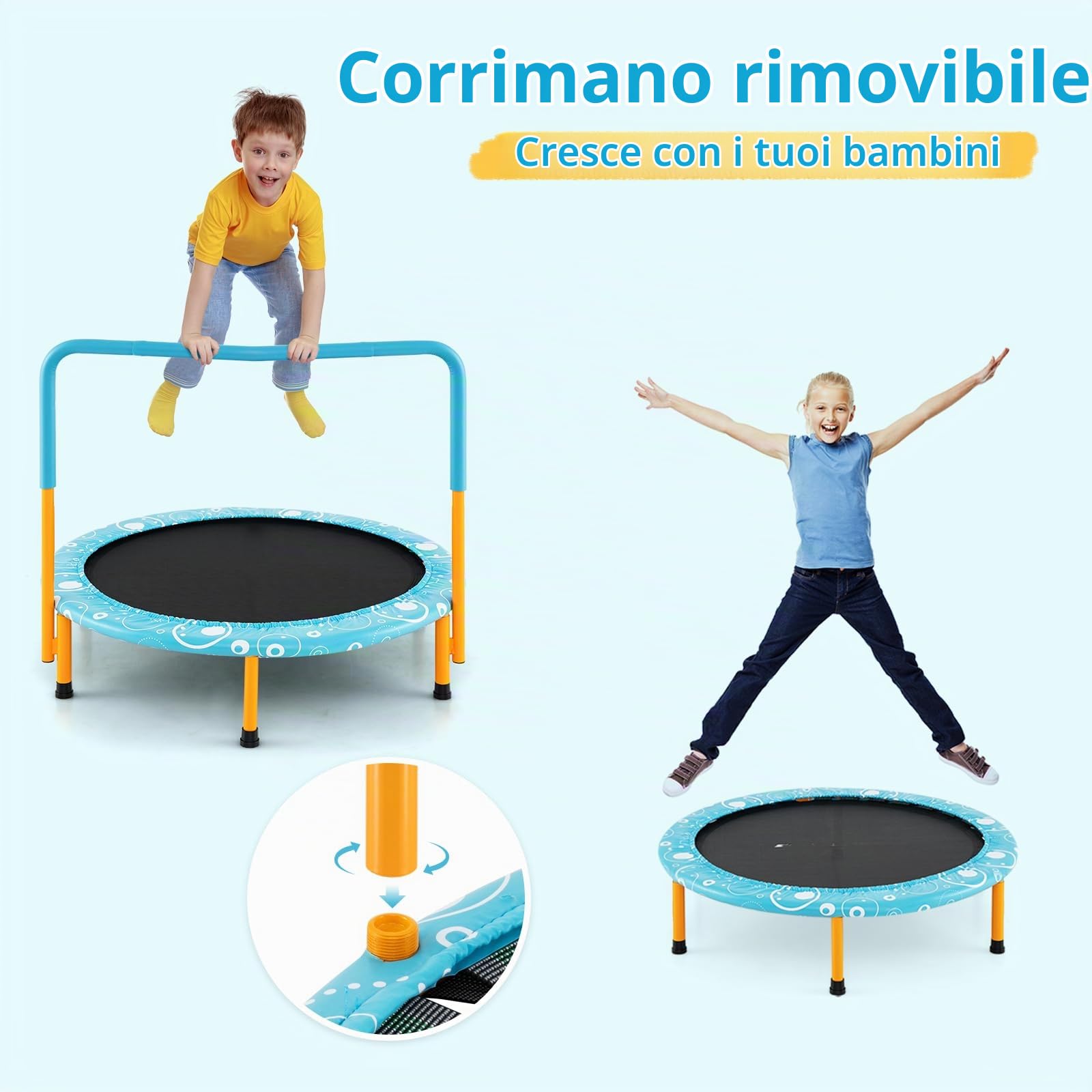 LIFEZEAL Trampolino Elastico per Bambini 3-10 Anni, Ø92x81cm, Mini Trampolino per Interno, Salta, Jump, con Maniglia e Gambe Rimovibili, Sicuro, Pieghevole, Telaio in Metallo, Regalo, Max 150kg