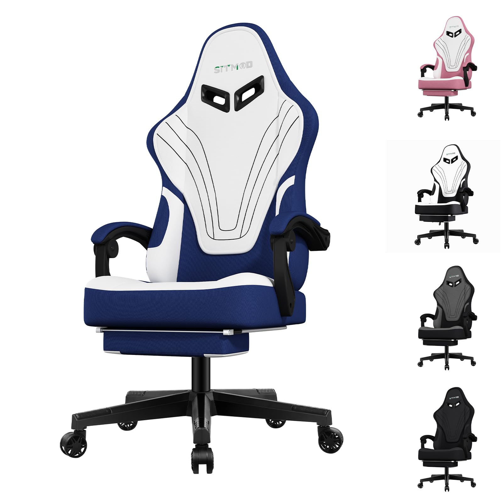 Ulody Sedia da gioco, ergonomica, con poggiapiedi, sedia per PC con poggiatesta e cuscino lombare, girevole a 360 gradi, in tessuto regolabile in altezza(BLU)