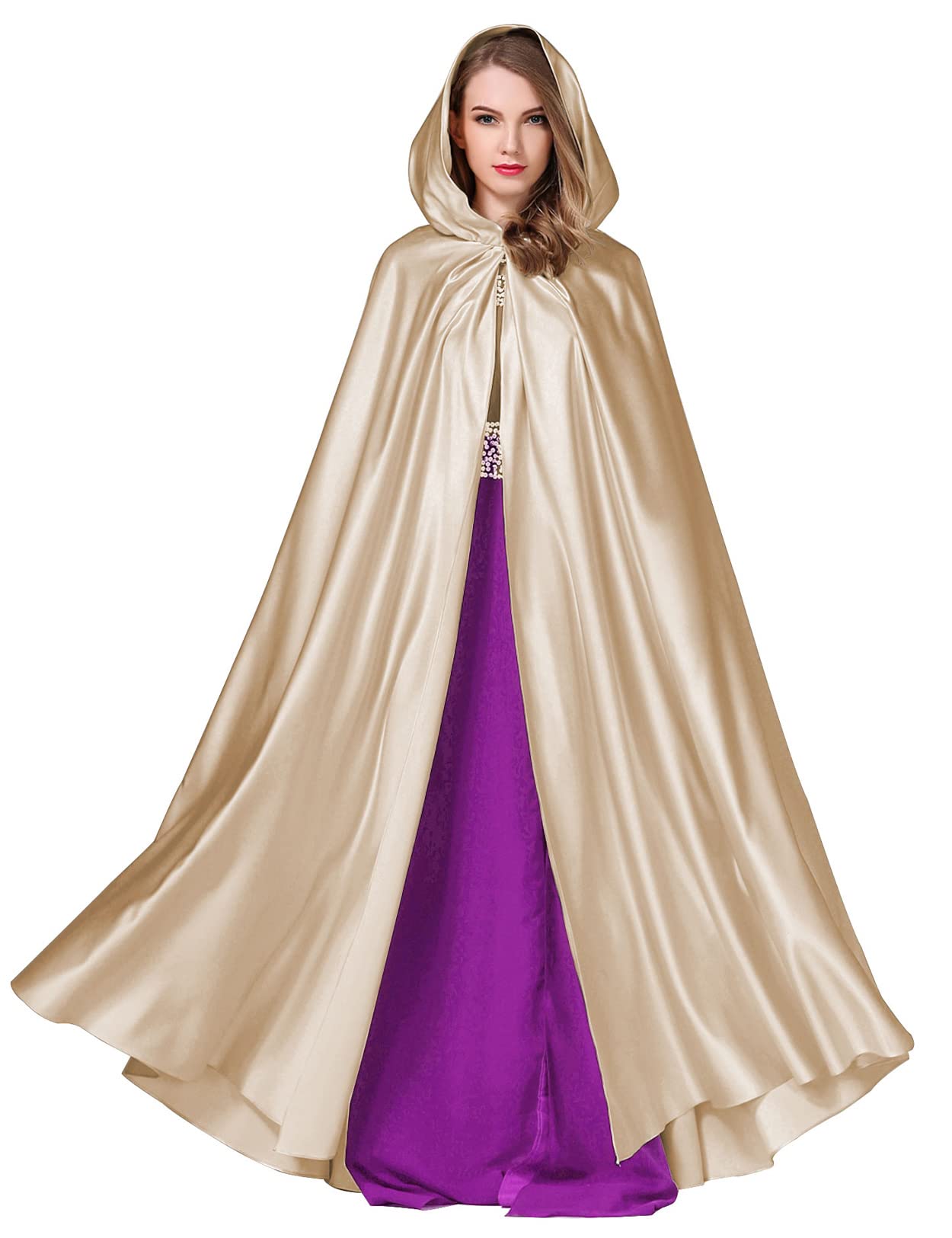 BAEAUTEICATE Wedding Cloak Cape with Hood Long Satin Poncho for Women Bride Maxi Unisex Medieval Coat Halloween Christmas Coaplay Costume Full Length